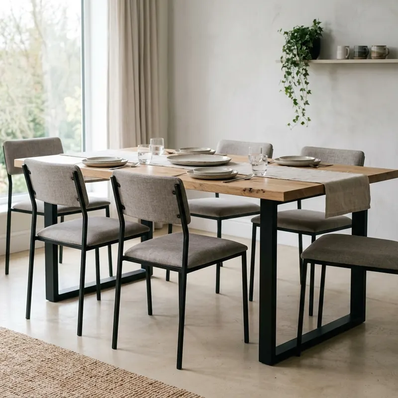 Diseño conceptual de una mesa de comedor con tapa de madera y patas de acero negro en marco en U, con seis sillas