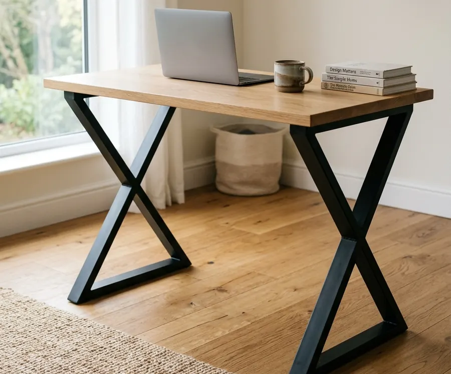 Diseño conceptual de un escritorio con tablero de madera clara y patas de acero negro en forma de X
