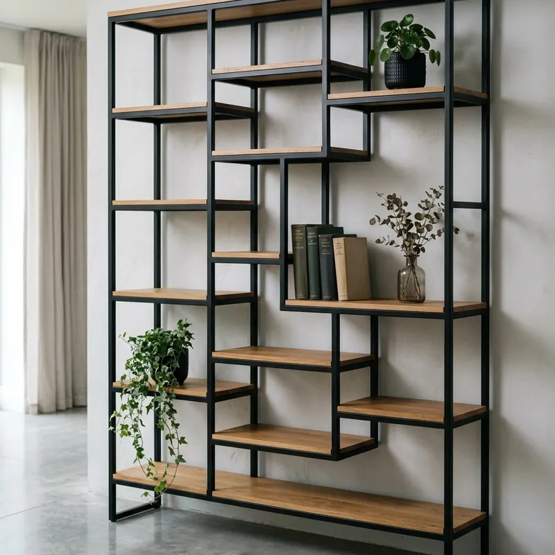 Diseño conceptual de una estantería asimétrica con marco de acero negro y repisas de madera a distintas alturas