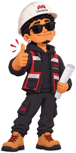Tagoro, personaje ilustrado de TAGORAS, con casco y gafas oscuras, con el pulgar arriba y unos planos en la mano